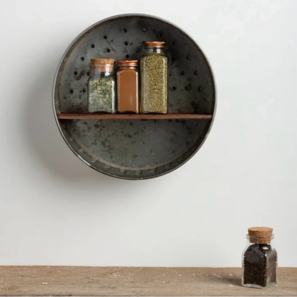 KATHY Farmhouse Rustic Round Gray Metal Wall Wooden Shelf Country Core #0725259